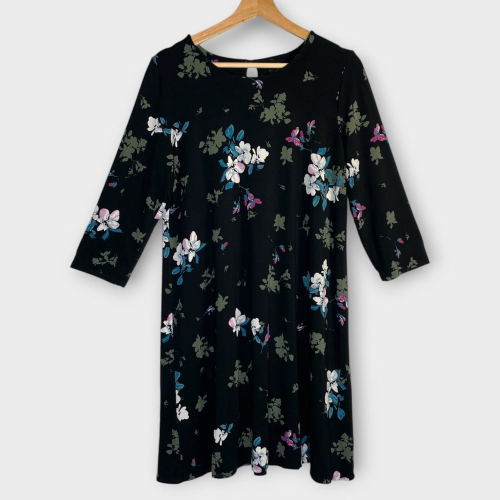 J. Jill Wearever Collection Dress MEDIUM Black Floral 3/4 Sleeve